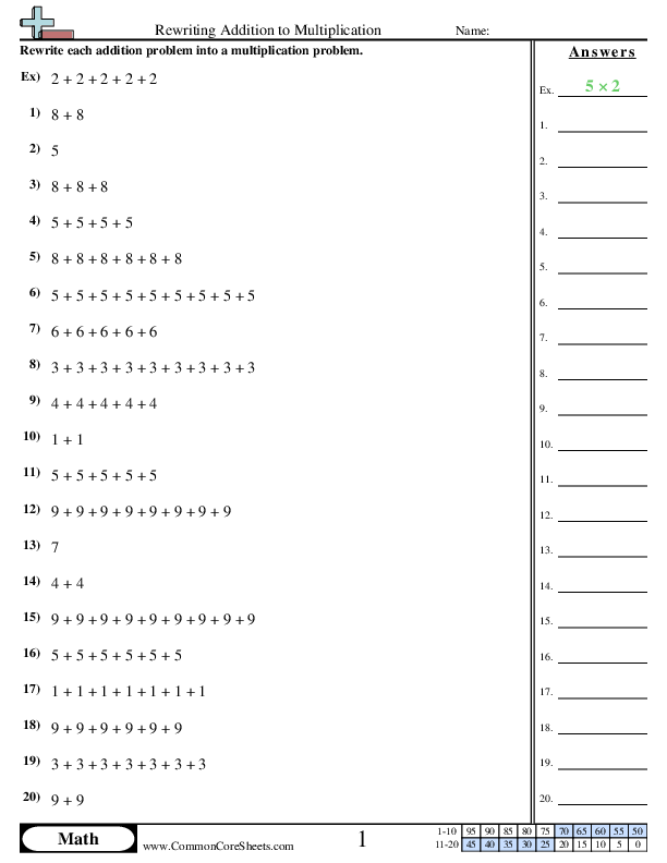 3.oa.1 Worksheets - Rewriting Addition to Multiplication worksheet